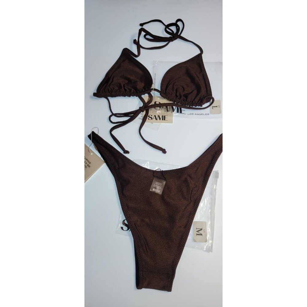 SAME Los Angeles Swim Bikini Set 2Pc Top High Weist Bottom 90s Brown SZ M - Picture 7 of 15
